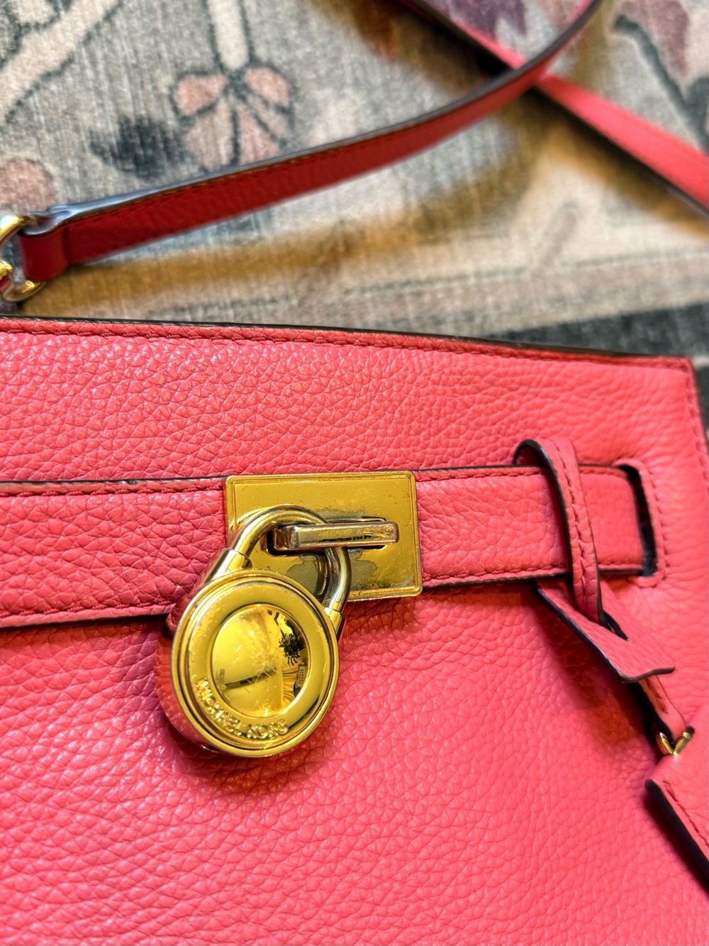 Coral Pink MK Leather Crossbody Bag with Gold Hardware - Picture 3 of 5
